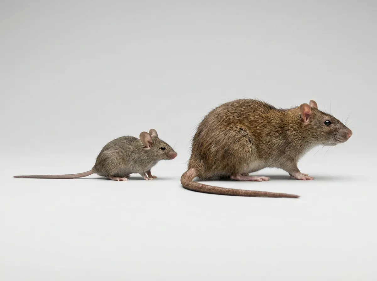 Házi egér és vándorpatkány egymás mellett, azonos léptékben