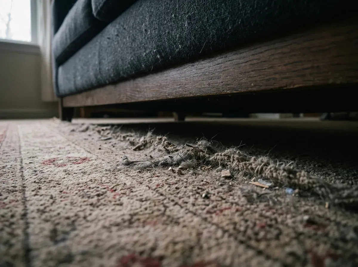 A gyapjúszőnyeg bútor alatti, nem porszívózott sávja