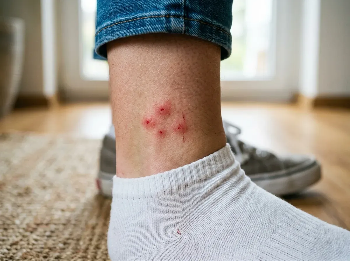 Csoportos, viszkető csípésnyomok a bokán és a lábszáron